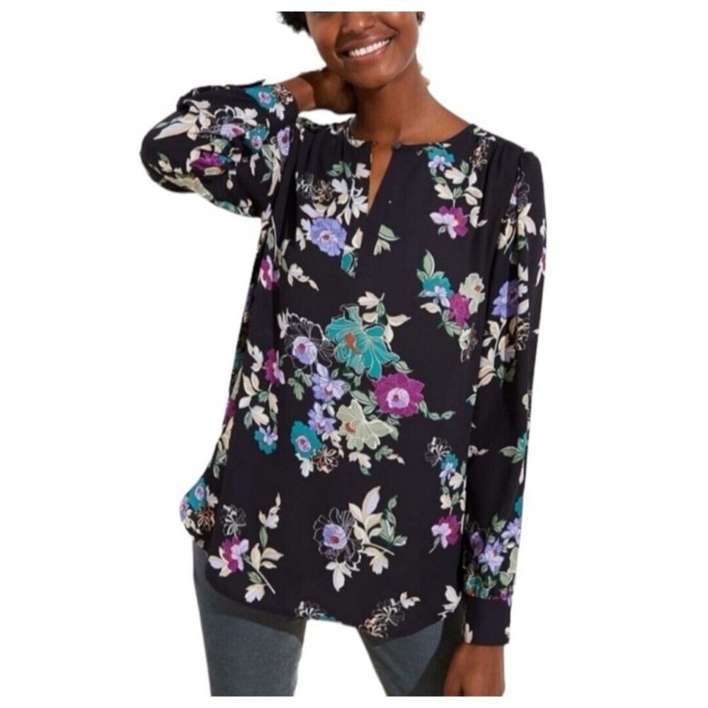 Ann Taylor LOFT Floral Keyhole Tunic Blouse Top Size Small Multicolor Black